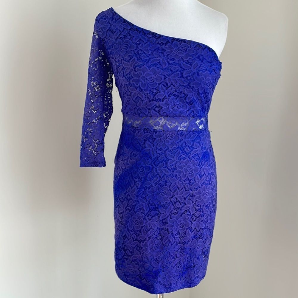 Purpleish blue flower lacy dress with open see-through midsection 1 sleeve M